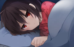 1girl black_hair blanket commentary_request expressionless gotemegu head kono_subarashii_sekai_ni_shukufuku_wo! lying megumin on_side pajamas pillow red_eyes red_pajamas short_hair solo star_(symbol) star_print under_covers