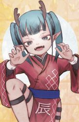 Rule 34 | 1girl, absurdres, aqua hair, chinese zodiac, claw pose, commentary request, dragon girl, fangs, flat chest, grey eyes, highres, japanese clothes, kimono, lacker strike (akkira setsu), leg up, looking at viewer, new year, open mouth, original, pointy ears, red kimono, smile, solo, standing, standing on one leg, thigh strap, twintails, year of the dragon