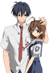 Rule 34 | 1boy, 1girl, absurdres, antenna hair, black hair, blue skirt, brown eyes, brown hair, clannad, closed mouth, collared shirt, furukawa nagisa, hand on another&#039;s head, highres, hikarizaka private high school uniform, ike 0910, necktie, okazaki tomoya, red necktie, sailor collar, school uniform, serafuku, shirt, short hair, short sleeves, simple background, skirt, white background, white sailor collar, white shirt