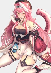 Rule 34 | 1girl, absurdres, animal ear fluff, animal ears, ascot, beret, black gloves, black hat, black tube top, boots, breasts, chattino (raora panthera), cleavage, commentary, garter straps, gloves, goggles, goggles on head, grey background, hat, high heels, highres, hololive, hololive english, jacket, large breasts, licking, licking hand, long hair, long sleeves, looking at viewer, multicolored hair, nib pen (object), open clothes, open jacket, panther ears, panther girl, panther tail, partially fingerless gloves, pen, pink hair, pink nails, raora panthera, raora panthera (1st costume), red jacket, rionillustrator, shorts, simple background, single garter strap, single glove, sitting, solo, strapless, streaked hair, tail, thigh strap, thighhighs, tongue, tongue out, tube top, vest, virtual youtuber, wariza, white ascot, white boots, white shorts, white streaks, white thighhighs, white vest, yellow eyes