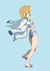 Rule 34 | 1girl, bare legs, breasts, closed mouth, commentary request, full body, green eyes, grey one-piece swimsuit, hand up, highres, jacket, jacket on shoulders, misty (pokemon), nihine (u-u115), nintendo, one-piece swimsuit, pokemon, pokemon hgss, sandals, short hair, simple background, smile, solo, standing, swimsuit, toes