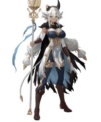 1girl animal_ears black_cape boots breasts broken_horn cape cleavage cow_ears cow_girl cow_horns cow_tail fire_emblem fire_emblem_heroes highres holding holding_staff horns long_hair low_twintails medium_breasts meilai_(fire_emblem) nintendo non-web_source official_art solo staff tail torn_cape torn_clothes twintails very_long_hair