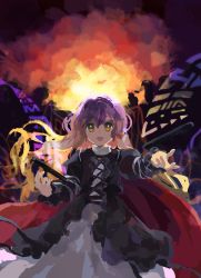 Rule 34 | 1girl, abstract background, backlighting, black dress, blonde hair, cape, cross-laced clothes, dress, floating, floating hair, floating object, frilled sleeves, frills, gradient hair, hands up, highres, hijiri byakuren, juliet sleeves, kaigen 1025, layered dress, long hair, long sleeves, looking at viewer, makai (touhou), multicolored dress, multicolored hair, no pupils, open mouth, outstretched arm, outstretched hand, puffy sleeves, purple hair, reaching, reaching towards viewer, red cape, ribbon, scroll, smile, solo, sorcerer&#039;s sutra scroll, touhou, turtleneck, turtleneck dress, two-tone hair, white dress, white ribbon, yellow eyes