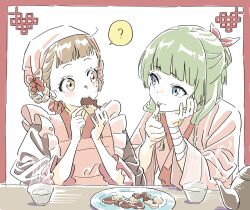 2girls absurdres apron bandages blue_eyes blunt_bangs brown_eyes brown_hair commentary cookie dangomochi2 eating eye_contact food freckles green_hair head_rest highres kusuriya_no_hitorigoto long_sleeves looking_at_another maomao_(kusuriya_no_hitorigoto) multiple_girls pink_apron smile smoke symbol-only_commentary teapot upper_body xiaolan_(kusuriya_no_hitorigoto)