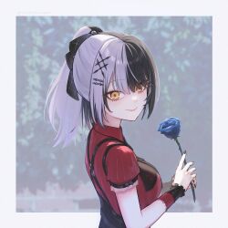 1girl black_corset black_hair black_nails black_ribbon blue_flower blue_rose closed_mouth corset dress flower grey_hair hair_ribbon highres holding holding_flower hololive hololive_english multicolored_hair official_alternate_costume official_alternate_hairstyle planetdropper ponytail red_dress ribbon rose shiori_novella shiori_novella_(casual) smile solo split-color_hair virtual_youtuber yellow_eyes