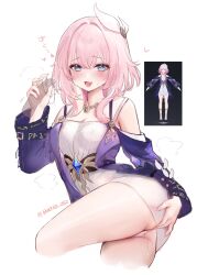 1boy 1girl anger_vein ass bad_id bare_shoulders blue_eyes blush breasts coat commentary_request cyrene_(honkai:_star_rail) disembodied_penis dress fang hair_ornament harin_05 heart hetero highres honkai:_star_rail honkai_(series) korean_commentary looking_at_viewer open_mouth penis penis_grab pink_hair pink_pupils purple_coat pussy_juice reference_inset short_hair simple_background skin_fang small_breasts smile sweat thighs twitter_username white_background white_dress