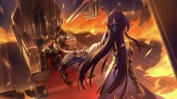 1boy 1girl absurdres acheron_(honkai:_star_rail) bad_link bare_shoulders black_coat black_footwear black_gloves black_horns black_pants black_vest breasts chain chain_around_arm coat collared_shirt demon_horns elbow_gloves fiery_horns fire flame_print game_cg gloves hair_ornament highres holding holding_sword holding_weapon honkai:_star_rail honkai_(series) horns ifrit_(honkai:_star_rail) indoors jacket katana long_hair long_sleeves multicolored_coat necktie official_art pants purple_hair red_carpet red_coat red_necktie shirt shoes spoilers striped_clothes striped_pants striped_vest sword throne two-tone_coat vertical-striped_clothes vertical-striped_pants vertical-striped_vest very_long_hair vest weapon white_gloves white_jacket white_shirt wide_sleeves
