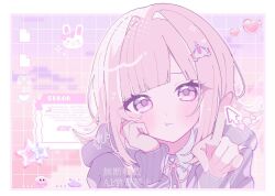 1girl black_shirt blunt_bangs blush brown_hair collared_shirt cursor danganronpa_(series) danganronpa_2:_goodbye_despair dress_shirt galaga hands_up heart highres hood hood_down index_finger_raised medium_hair nanami_chiaki neck_ribbon pink_eyes pink_ribbon portrait pote_(pote_39) pout ribbon shirt translation_request usami_(danganronpa) white_background white_shirt
