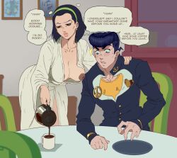 Rule 34 | 1boy, 1girl, bathrobe, black hair, blue eyes, blue hair, breasts, coffee mug, coffee pot, cup, dark nipples, diamond wa kudakenai, gakuran, hair slicked back, half-closed eyes, higashikata josuke, higashikata tomoko, indoors, jojo no kimyou na bouken, large breasts, lips, looking at another, looking at breasts, mug, nipple slip, nipples, peppr n&#039; salt, pompadour, school uniform, sitting, sleepy, speech bubble, surprised