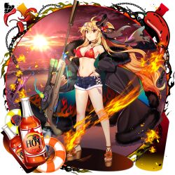 Rule 34 | 1girl, ahoge, alternate costume, anti-materiel rifle, beach chair, bikini, bikini top only, black bow, black coat, blonde hair, bottle, bow, breasts, chili pepper, cleavage, closed mouth, coat, deck chair, fire, flame print, folding chair, full body, game cg, gun, hair bow, highres, hot sauce, innertube, kirisame marisa, kirisame marisa (witch of scarlet dreams), kirisame marisa (witch of scarlet dreams on vacation), large breasts, long hair, looking at viewer, mini-hakkero, navel, official art, red bikini, red nails, rifle, rotte (1109), scar, scope, short shorts, shorts, sniper rifle, solo, standing, star (symbol), sun, suppressor, swim ring, swimsuit, third-party source, torn bow, touhou, touhou lostword, transparent background, very long hair, weapon