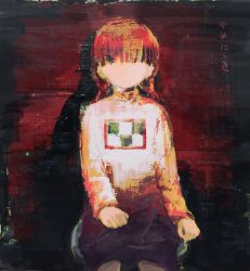 1girl braid brown_hair commentary_request faceless faceless_female facing_viewer highres khina_niji long_hair madotsuki oil_painting_(medium) painting_(medium) sitting skirt solo sweater traditional_media twin_braids yume_nikki