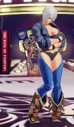 1girl 3d angel_(kof) animated black_gloves black_jacket black_panties blue_eyes boots bouncing_breasts breasts chaps cleavage cowboy_boots cropped_jacket female_focus fingerless_gloves game_screenshot gloves jacket large_breasts leather leather_jacket looking_at_viewer midriff navel panties revealing_clothes short_hair sidelocks snk the_king_of_fighters the_king_of_fighters_xv underwear video white_hair