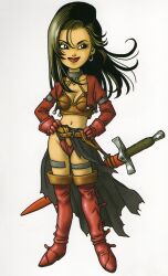 1girl absurdres aira_(dq7) armlet belt belt_boots black_cape black_eyes black_hair boots breasts brown_belt cape cleavage collarbone commentary contrapposto crop_top dragon_quest dragon_quest_vii earrings eyelashes facing_viewer floating_hair full_body gloves groin hair_between_eyes hair_over_shoulder half-closed_eyes halterneck hands_on_own_hips highres hoop_earrings jacket jewelry leather leather_boots leather_gloves lips long_hair loose_hair_strand medium_breasts midriff navel official_art red_boots red_gloves red_jacket red_lips scabbard sheath sheathed sideways_glance simple_background skindentation smirk solo standing straight_hair swept_bangs sword thigh_boots thighhighs thighlet toriyama_akira waist_cape weapon white_background zettai_ryouiki