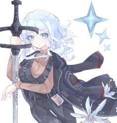 1girl absurdres black_coat black_pants black_vest blue_eyes breasts brown_sweater closed_mouth coat coat_on_shoulders faust_(project_moon) flower highres holding holding_sword holding_weapon kyuncat limbus_company long_sleeves looking_at_viewer pants project_moon short_hair simple_background solo standing star_(symbol) sweater sword upper_body vest weapon white_background white_flower white_hair