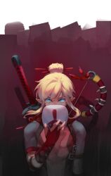 1boy abs arm_up bare_pectorals belt belt_buckle black_belt blonde_hair blue_eyes bow_(weapon) buckle commentary covered_mouth english_commentary fingerless_gloves gloves hair_between_eyes hair_bun hair_intakes holding holding_mask link male_focus mask natsuyon nintendo parted_bangs pectorals single_hair_bun solo straight-on sword the_legend_of_zelda the_legend_of_zelda:_breath_of_the_wild toned toned_male weapon weapon_on_back yiga_clan