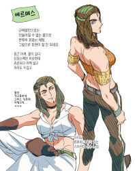 Rule 34 | 1girl, armband, ass, backless shirt, bare shoulders, black choker, breasts, brown eyes, brown hair, brown pants, choker, cleavage, commentary request, crossed legs, dreadlocks, ermes costello, facial tattoo, flat ass, front-tie top, green hair, halterneck, jeonjin (mynamebazin), jojo no kimyou na bouken, korean commentary, korean text, medium breasts, midriff, multicolored hair, navel, pants, serious, sleeveless, smile, stone ocean, tattoo, translation request, two-tone hair, wristband