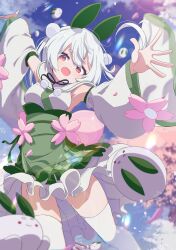 1girl absurdres animal_ears armpits black_ribbon blue_sky blurry breasts cherry_blossoms commission day detached_sleeves flower frills green_skirt hair_ornament highres japanese_clothes kimono long_hair long_sleeves looking_at_viewer medium_breasts neck_ribbon obi open_mouth original outdoors outstretched_arms petals pink_flower rabbit_ears red_eyes ribbon sash shiro9jira skeb_commission skirt sky sleeveless smile snow_rabbit solo thighhighs virtual_youtuber white_hair white_sleeves white_thighhighs wide_sleeves