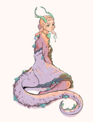 1girl bare_shoulders blonde_hair blush closed_mouth dragon dragon_girl dragon_horns dragon_tail dress earrings eiriseth green_eyes highres horns jewelry light_dragon_(zelda) long_hair nintendo pointy_ears princess_zelda scales solo strapless strapless_dress tail the_legend_of_zelda the_legend_of_zelda:_tears_of_the_kingdom white_dress