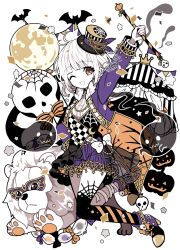 1girl antenna_hair arm_up artist_name bandaged_leg bandages bat_(animal) black_boots black_skirt black_thighhighs black_vest boots bow colored_skin commentary confetti crescent elina_(e2n04n) english_commentary eye_mask full_body fur-trimmed_jacket fur_trim ghost gold_trim hair_ornament hat hat_feather high_heel_boots high_heels highres holding holding_staff jack-o&#039;-lantern jacket layered_skirt lion long_sleeves looking_at_viewer medium_hair mini_hat mini_top_hat moon moon_globe multicolored_boots one_eye_closed open_mouth orange_bow orange_eyes original pennant purple_boots purple_jacket purple_skirt ribbed_shirt see-through_clothes see-through_skirt shirt signature single_thighhigh skirt skull_ornament skull_print solo staff star_(symbol) string_of_flags striped_bow thank_you thighhighs top_hat vest white_background white_bow white_hair white_shirt white_skin