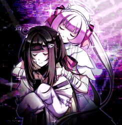2girls ai-chan_(love_angel_syndrome) arms_behind_back bandaged_arm bandages bandaid bandaid_on_face blunt_bangs brown_hair closed_eyes double-parted_bangs ghost_hair_ornament hair_ribbon halo hand_on_another&#039;s_shoulder hat head_tilt highres holding holding_phone hug hug_from_behind jacket jacket_on_shoulders joints light_smile long_sidelocks looking_at_another loose_wires love_angel_syndrome multiple_girls neck_ribbon nurse_cap official_art oversized_clothes phone pill_hair_ornament pink_hair ribbon robot_joints sidelighting sidelocks smile twintails upper_body winged_sleeves wrist_cuffs yuuna_(love_angel_syndrome)