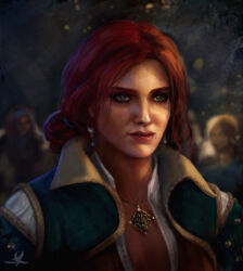 Rule 34 | 1girl, blue eyes, blurry, blurry background, depth of field, highres, jewelry, masha borisova, mole, mole under mouth, necklace, red hair, solo focus, the witcher (series), the witcher 3, triss merigold, updo
