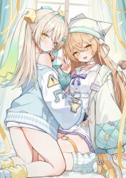 2girls animal_ear_headwear bare_shoulders blonde_hair breasts cube_hair_ornament dress fake_animal_ears hair_ornament hairclip highres indie_virtual_youtuber indoors jacket kneeling leur_(voisona) long_hair long_sleeves looking_at_viewer looking_back loose_socks multiple_girls open_clothes open_jacket orange_hair rurudo_lion small_breasts socks spaghetti_strap tauta_(meshia8787) v voisona white_dress window yellow_eyes