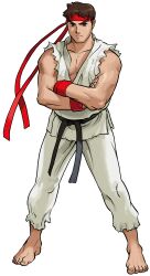 Rule 34 | 1990s (style), 1998, 1boy, absurdres, armband, barefoot, bengus, brown eyes, brown hair, capcom, crossed arms, dougi, furrowed brow, game cg, headband, highres, karate gi, martial arts belt, marvel, marvel vs. capcom, muscular, muscular male, non-web source, official art, red armband, red headband, retro artstyle, ryu (street fighter), solo, street fighter, street fighter ii (series)