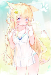 Rule 34 | 1girl, animal ears, bare shoulders, blonde hair, blue bra, blue eyes, blue panties, blush, bow, bow bra, bra, breasts, cleavage, closed mouth, clothes in front, collarbone, commentary request, covered navel, fox ears, fox girl, fox hair ornament, fox tail, full body, hair rings, hands up, highres, leilin, looking at viewer, medium breasts, navel, original, panties, see-through clothes, short eyebrows, solo, sweat, tail, thick eyebrows, twitter username, underwear