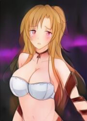 asuna_(sao) blush brown_hair graphite_(medium) paintschainer potekite purple_background red_eyes sword_art_online titania_(sao) traditional_media