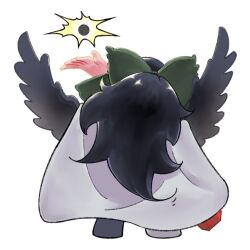 Rule 34 | 1girl, black hair, black sun, black wings, bow, cape, feathered wings, from behind, full body, green bow, hair bow, long hair, reiuji utsuho, rn (sbr2933090), simple background, solo, sun, touhou, white background, white cape, wings