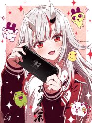 1girl 4b-enpitsu blush commentary fang highres hololive horns jacket kuchipatchi long_hair long_sleeves looking_at_viewer mametchi marutchi mimitchi multicolored_hair nakiri_ayame nintendo_switch_2 oni open_mouth red_eyes red_hair red_jacket shirt skin_fang smile solo streaked_hair symbol-only_commentary tamagotchi tamagotchi_(creature) upper_body virtual_youtuber white_hair white_shirt