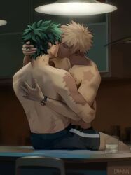 2boys bakugou_katsuki blonde_hair boku_no_hero_academia closed_eyes dyn4bun french_kiss from_behind glass green_hair hand_on_another&#039;s_head hashtag-only_commentary highres hug kiss male_focus midoriya_izuku multiple_boys multiple_scars scar scar_on_arm scar_on_back scar_on_face scar_on_neck scar_on_shoulder short_hair shorts sitting spiked_hair toned toned_male topless_male watch yaoi