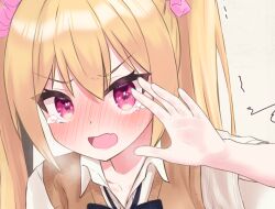 1girl arm_up blonde_hair blue_bow blue_bowtie blush bow bowtie breath brown_vest cropped embarrassed fang female_focus hair_ornament hair_scrunchie long_hair looking_at_viewer nose_blush open_mouth original pink_scrunchie portrait red_eyes school_uniform scrunchie shirt short_sleeves sidelocks simple_background skin_fang solo sweater_vest tears trembling twintails urabe_miyabi v-shaped_eyebrows vest white_background white_shirt