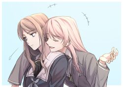 2girls arm_around_shoulder bang_dream! bang_dream!_it&#039;s_mygo!!!!! black_shirt blue_background blue_eyes brown_hair chihaya_anon closed_eyes closed_mouth collared_shirt commentary_request crimppp77 grey_jacket hand_up haneoka_school_uniform head_on_another&#039;s_shoulder highres jacket korean_commentary long_hair multiple_girls nagasaki_soyo open_mouth pink_hair school_uniform shirt simple_background smile tsukinomori_school_uniform upper_body white_shirt yuri