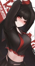 1girl absurdres arms_up black_garter_belt black_hair black_sailor_collar black_serafuku black_shirt black_skirt black_wings blue_archive breasts copyright_name garter_belt halo highres large_breasts long_hair medium_breasts mikuneki navel neckerchief pale_skin pleated_skirt red_eyes red_halo red_neckerchief sailor_collar school_uniform serafuku shirt skirt solo torn_clothes tsurugi_(blue_archive) undone_neckerchief very_long_hair wings