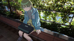 1girl blue_jacket commentary green_eyes green_hair grey_shirt highres idolmaster idolmaster_shiny_colors jacket nanakusa_nichika outdoors photo_background shirt short_hair sitting solo symbol-only_commentary takada_(pixiv_97599311)