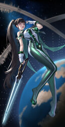 1girl absurdres black_hair blood_edge_(stellar_blade) bodysuit breasts covered_erect_nipples covered_navel earth_(planet) eve_(stellar_blade) fingerless_gloves floating full_body gloves green_bodysuit high_ponytail highres holding holding_sword holding_weapon large_breasts long_hair looking_at_viewer parted_lips planet planet_diving_suit_(7th)_(stellar_blade) ponytail sidelocks skin_tight sleeveless sleeveless_bodysuit smile solo space stellar_blade sword two-tone_bodysuit very_long_hair weapon white_bodysuit white_gloves yin_lan_xue