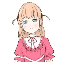 Rule 34 | 1girl, aqua eyes, commentary, crossed bangs, dress, earrings, flower earrings, frilled dress, frills, hinoshita kaho, jealous, jewelry, light blush, light frown, link! like! love live!, looking at viewer, love live!, medium hair, neck ribbon, orange hair, pink dress, pink ribbon, puffy short sleeves, puffy sleeves, reflection in the mirror (love live!), ribbon, short sleeves, simple background, solo, tazaki masanobu, two side up, upper body, virtual youtuber, white background
