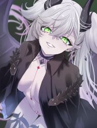 1girl black_jacket boots breasts demon_wings fate/grand_order fate_(series) green_eyes highres horns jacket k_uno00 lilith_(fate) lilith_(second_ascension)_(fate) long_hair looking_at_viewer naked_jacket pointy_ears smile solo thigh_boots twintails white_hair wings