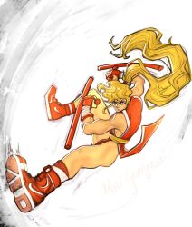 1girl absurdres adidas arm_wrap ass biceps blonde_hair breasts brown_eyes brush_stroke capcom_vs_snk_2 clothes_lift commentary deltoids english_commentary fighting_stance final_fight_2 fingerless_gloves full_body genryuusai_maki gloves hair_tie high_ponytail highres holding japanese_clothes leg_up long_hair looking_at_viewer mismatched_eyebrows monochrome_background muhash14 multicolored_shoes ninja obliques pelvic_curtain pelvic_curtain_lift ponytail red_gloves red_shoes red_socks ribbed_socks sash shoe_soles shoes sideboob sideless_outfit simple_background sneakers socks solo spinning street_fighter street_fighter_zero_(series) teeth thick_thighs thighs toned toned_female tonfa triceps two-tone_shoes two-tone_socks v-shaped_eyebrows weapon white_shoes white_socks yellow_sash