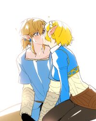 1boy 1girl big_egg526 black_pants blonde_hair blue_shirt blue_tunic blush braid breasts couple crown_braid earrings grey_pants hair_between_eyes hair_tie hetero highres jewelry juliet_sleeves kiss kneeling link long_sleeves low_ponytail medium_breasts medium_hair nintendo pants pointy_ears ponytail princess_zelda puffy_sleeves shirt short_hair sidelocks sweatdrop the_legend_of_zelda the_legend_of_zelda:_breath_of_the_wild tunic white_background wide-eyed