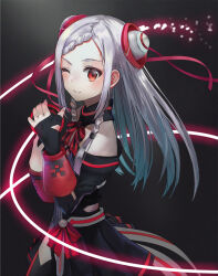 Rule 34 | 1girl, black background, black dress, double bun, dress, geisha-geisha-, grey hair, hair bun, long hair, one eye closed, open mouth, pixiv, red eyes, simple background, smile, solo, sword art online, yuna (sao)