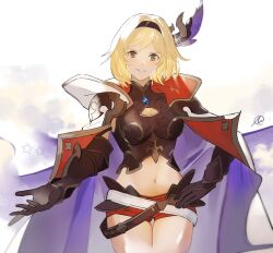 1girl amise armor belt black_armor black_gloves black_hairband blonde_hair bob_cut breastplate breasts brown_eyes cape cleavage cleavage_cutout clothing_cutout commentary_request conqueror_of_the_eternals cowboy_shot djeeta_(granblue_fantasy) gauntlets gloves granblue_fantasy grin hair_intakes hairband hand_on_own_hip highres looking_at_viewer medium_breasts medium_hair micro_shorts multiple_belts navel official_alternate_costume outstretched_arm red_cape red_shorts shorts shoulder_armor signature smile solo standing stomach two-tone_cape white_background white_cape