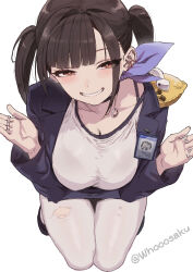 1girl absurdres artist_name blue_jacket blue_skirt bra_visible_through_clothes breasts brown_hair from_above goddess_of_victory:_nikke heart heart-shaped_pupils highres jacket jewelry large_breasts long_hair looking_at_viewer mole mole_under_eye multiple_rings pantyhose pencil_skirt red_eyes ring shirt simple_background sitting skirt smile solo sora_(nikke) symbol-shaped_pupils teeth torn_clothes torn_pantyhose twintails white_background white_pantyhose white_shirt whoosaku