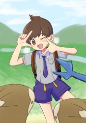 1boy ;d breast_pocket brown_eyes brown_hair cloud collared_shirt commentary_request day finger_frame florian_(pokemon) furret gen_2_pokemon grass grey_shirt hands_up heracross male_focus motion_lines necktie nintendo one_eye_closed open_mouth outdoors pocket pokemon pokemon_(creature) pokemon_sv purple_necktie purple_shorts riko_(m_momomo28) shirt short_hair shorts sky smile sweat tongue
