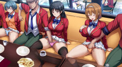 4boys 4girls advanced_nurturing_high_school_uniform black_hair black_thighhighs blazer blue_bow blue_bowtie blue_hair booth_seating bow bowtie braid breasts brown_hair brown_panties collared_shirt commentary_request daiaru garter_straps green_pants hairband hand_in_panties hetero horikita_suzune ibuki_mio jacket kushida_kikyou large_breasts long_hair long_sleeves multiple_boys multiple_girls panties pants pink_panties pleated_skirt public_indecency purple_eyes red_eyes red_jacket remote_control_vibrator ribbon sakayanagi_arisu school_uniform sex_toy shirt short_hair single_braid skirt smile stealth_fingering striped_clothes striped_panties thighhighs underwear vibrator vibrator_under_clothes vibrator_under_panties white_garter_straps white_panties white_shirt white_skirt white_thighhighs youkoso_jitsuryoku_shijou_shugi_no_kyoushitsu_e