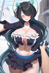 1girl absurdres animal_ears bell black_hair black_skirt blue_eyes blush breasts cleavage erina_makina eyes_visible_through_hair frills halo highres interlocked_fingers large_breasts linea_alba looking_at_viewer miniskirt navel phase_connect second-party_source skirt smile smoke_klll stomach tiger_ears tiger_girl virtual_youtuber