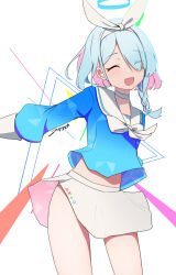 1girl :d ^_^ absurdres akinoji_(akiponpon27) arona_(blue_archive) blue_archive blue_hair blue_halo blue_shirt blush bow bow_hairband braid choker closed_eyes colored_inner_hair commentary_request hairband halo highres loli multicolored_hair open_mouth partial_commentary pink_hair sailor_collar school_uniform serafuku shirt signature skirt smile solo triangle two-tone_hair white_background white_bow white_choker white_hairband white_sailor_collar white_skirt