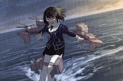 1girl black_hair black_skirt cloud cloudy_sky gloves haguro_(kancolle) haguro_kai_ni_(kancolle) hair_ornament jacket kantai_collection long_sleeves looking_at_viewer ocean pantyhose pencil_skirt purple_jacket rain rigging short_hair skirt sky solo tongue tongue_out water wet wet_hair white_gloves white_pantyhose yue_(tada_no_saboten)