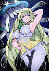 1girl absurdres arm_behind_head armpits blonde_hair breasts creature dress female_focus gen_7_pokemon green_eyes hand_on_own_hip highres jrpulse large_breasts leggings long_hair lusamine_(pokemon) mature_female nihilego nintendo pokemon pokemon_(creature) pokemon_sm short_dress smile thighs ultra_beast very_long_hair white_dress wide_hips
